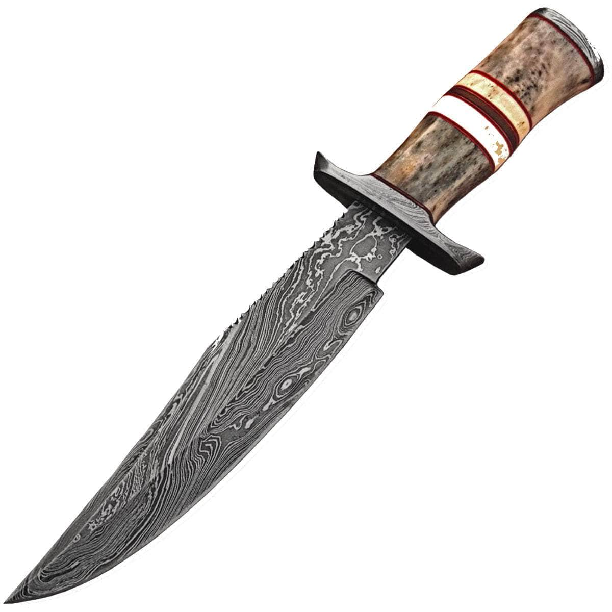 White Deer Damascus Hunting Knife, 8 Blade, Bone Handle, Leather Sheath Sale Extremely