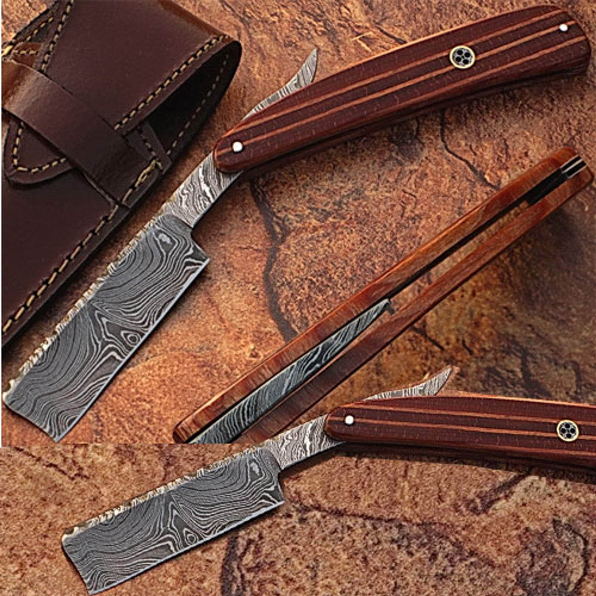 White Deer Damascus Straight Razor, 4 Blade, Pakkawood Handle, Leather Sheath - DM-2179 Popular Online