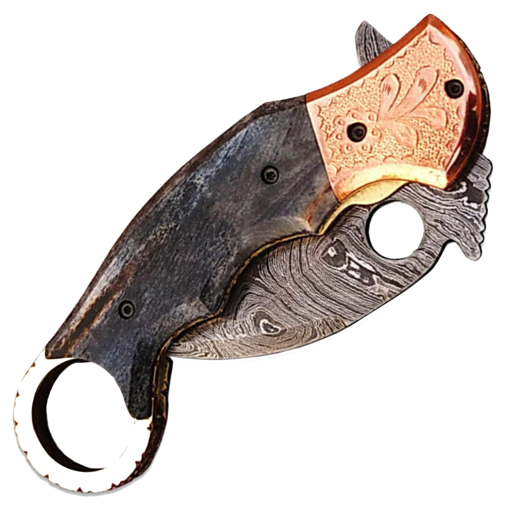 White Deer Ka-Rambo Damascus Folding Karambit, 3.5 Blade, Giraffe Bone Handle, Sheath Good Selling Cheap Pice