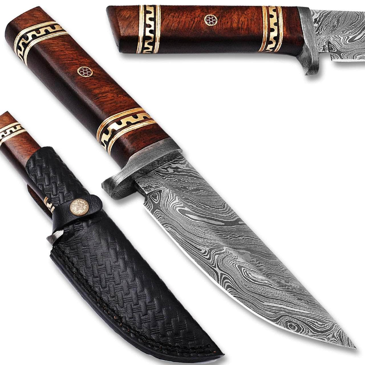 White Deer Executive Knife, 5.5 Damascus Blade, Wood Handle, Sheath Best Pices