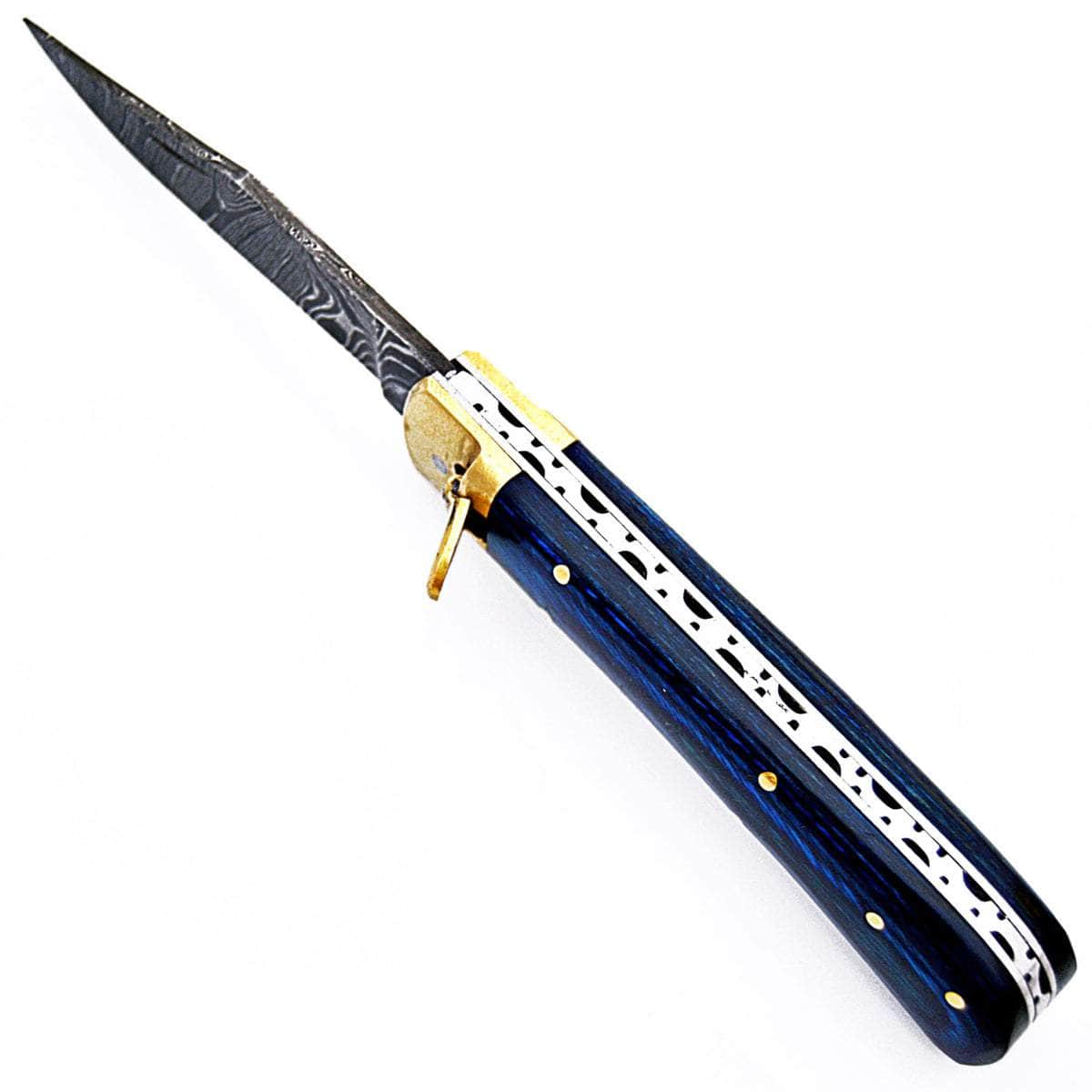 White Deer Damascus Blue Lever Lock Auto, 3.4 Blade, Wood Composite Handle Cheap Sale Big Sale