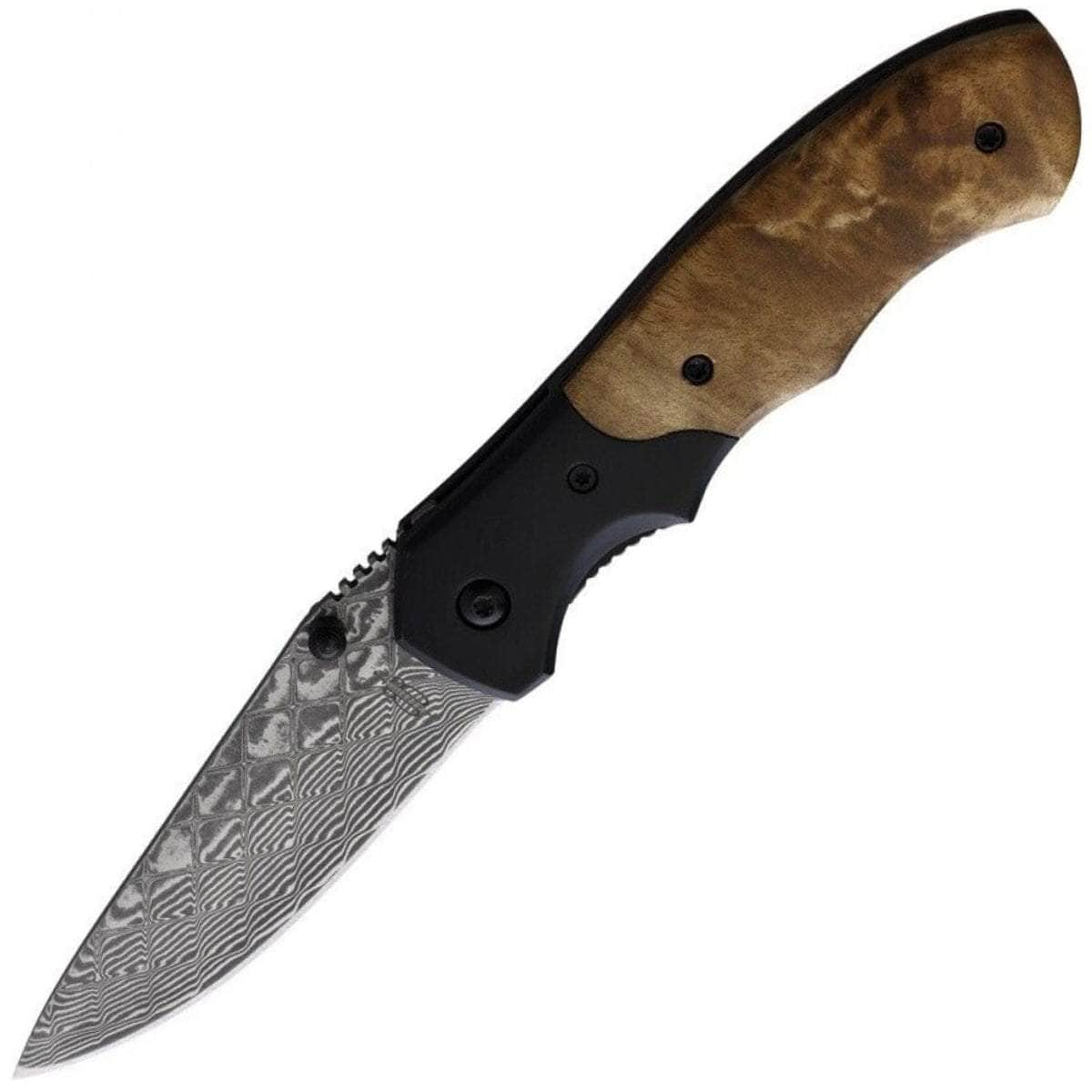 BnB Knives Damascus Army Folder, 3.125 Blade, Burlwood Handle - BNB142267 Choice Online