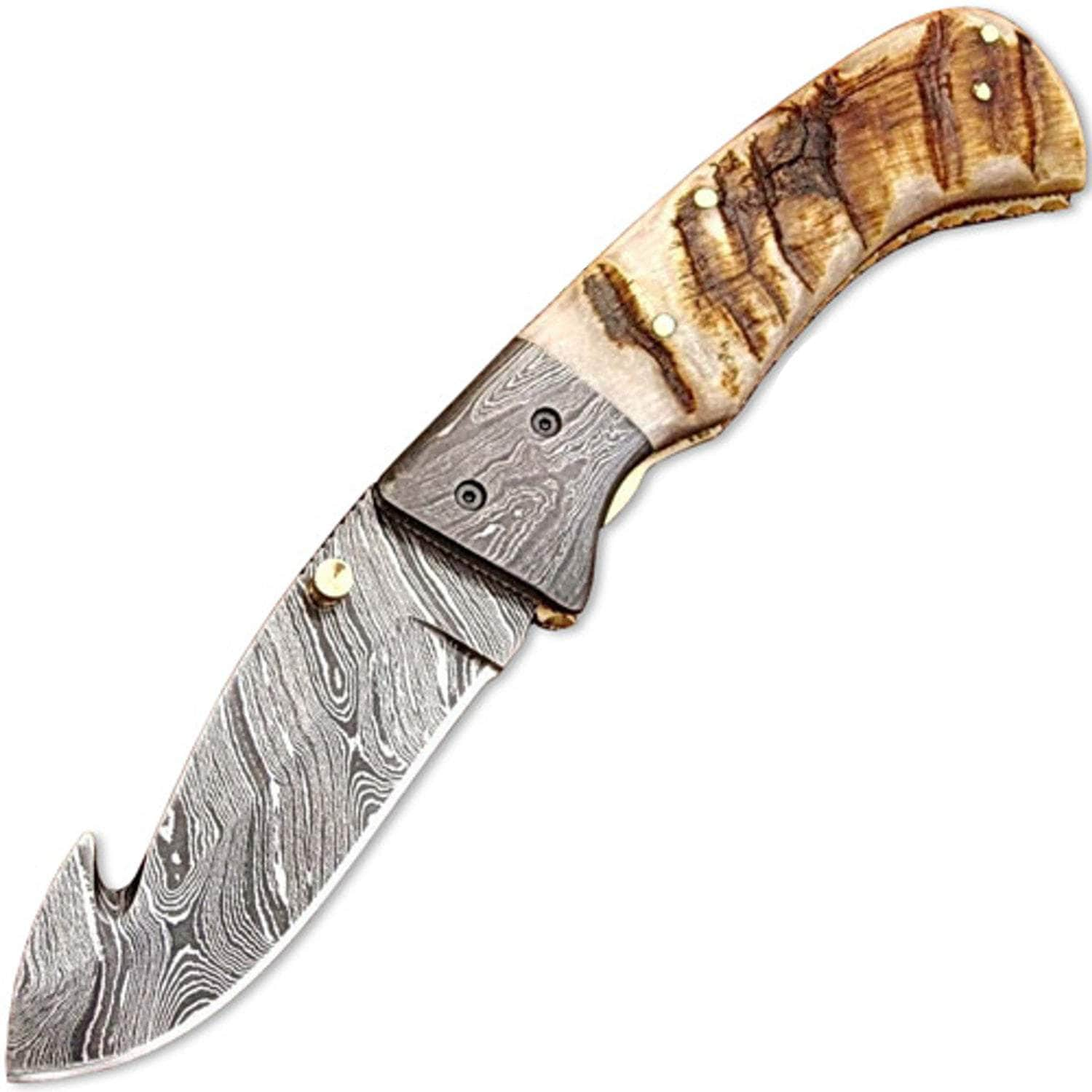 White Deer Folding Guthook Knife, 3.4 Damascus Blade, Horn Handle, Sheath - FDM-2537 Clearance Very Cheap