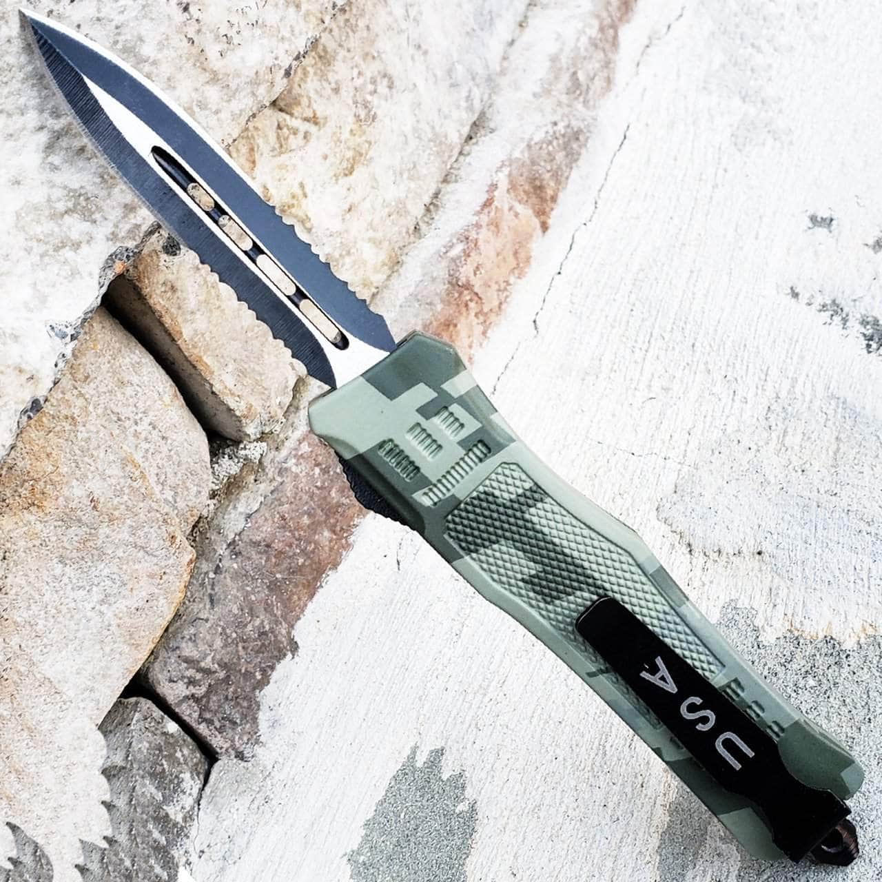 Delta Force OTF Automatic Knife, 2.75 Dual Serrated Blade, Camo Handle - OTFM-11CA Visa Payment Cheap Pice