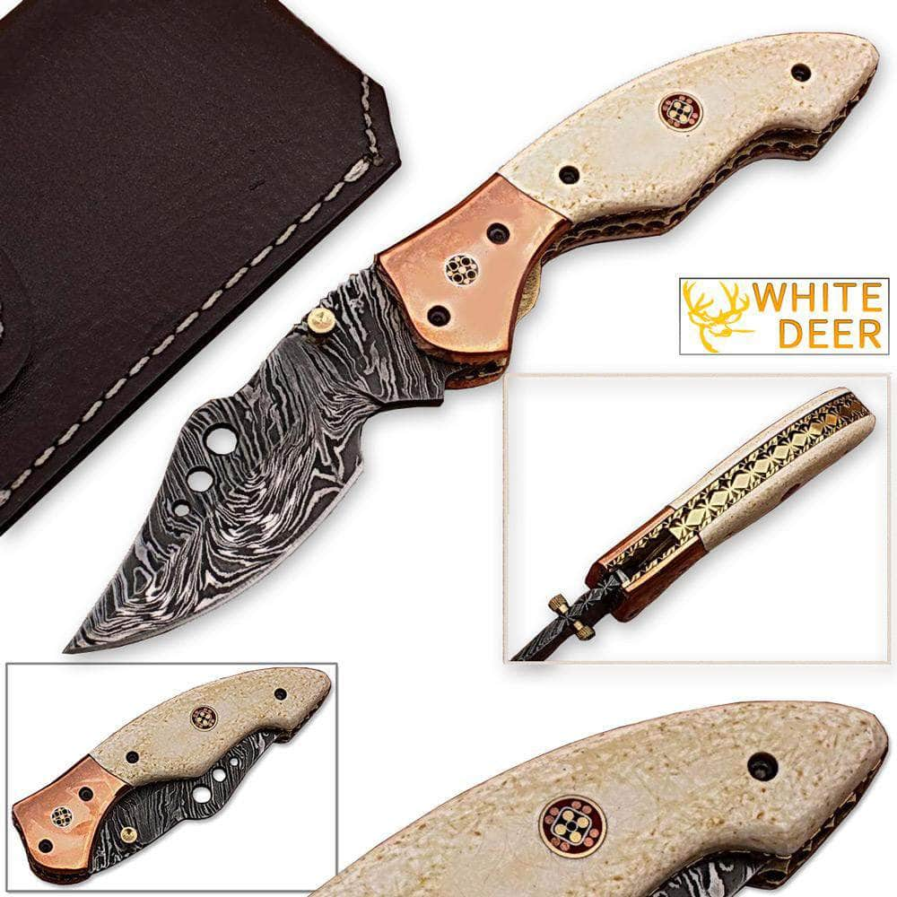 White Deer Executive Series Damascus Folder, 3.5 Blade, Bone/Copper Handle - FDM-2534 Clearance Sast