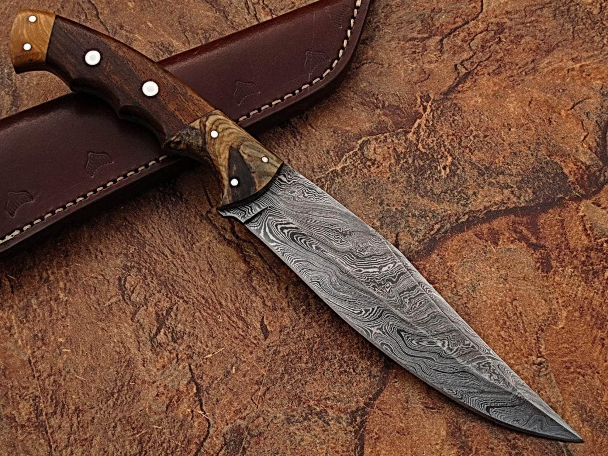 White Deer Damascus Bowie Knife, 7 Blade, Wood Handle, Sheath - DM-2276 Discount Cheap