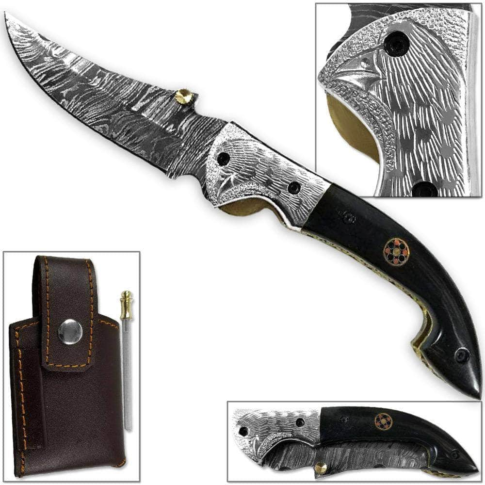 White Deer Bird of Prey Damascus Folding Knife, 3.1 Blade, Horn Handle, Sheath - FDM-2555 Cheap New Styles