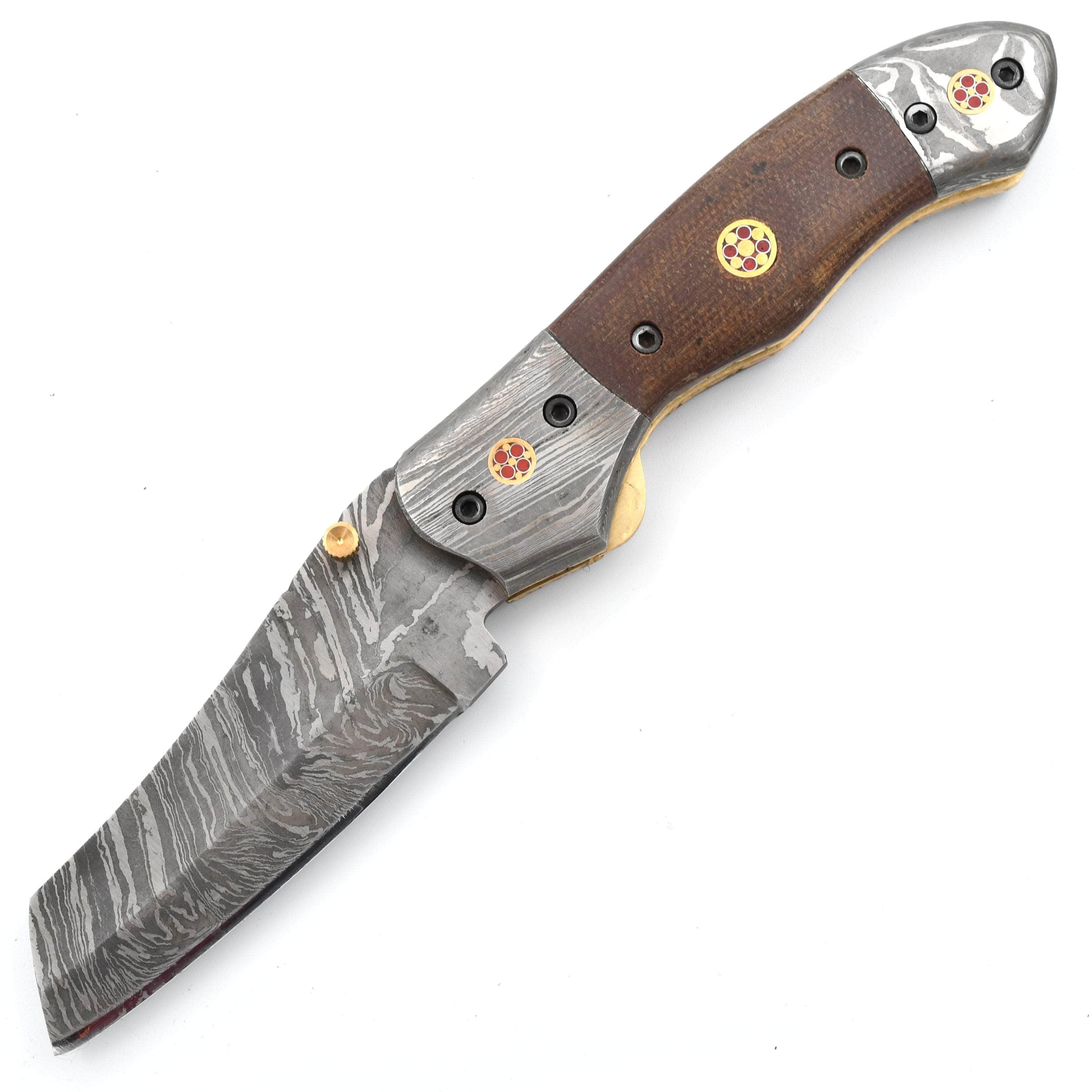 White Deer Damascus Folding Knife, 3.25 Blade, Micarta Wood Handle, Sheath - FDM-2521 Real Sale Online