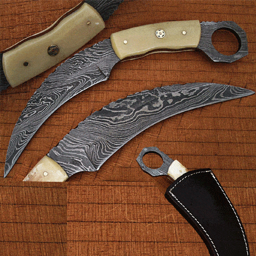 White Deer Damascus Karambit Knife, 5 Blade, Bone Handle, Sheath - DM-2258 Order Online