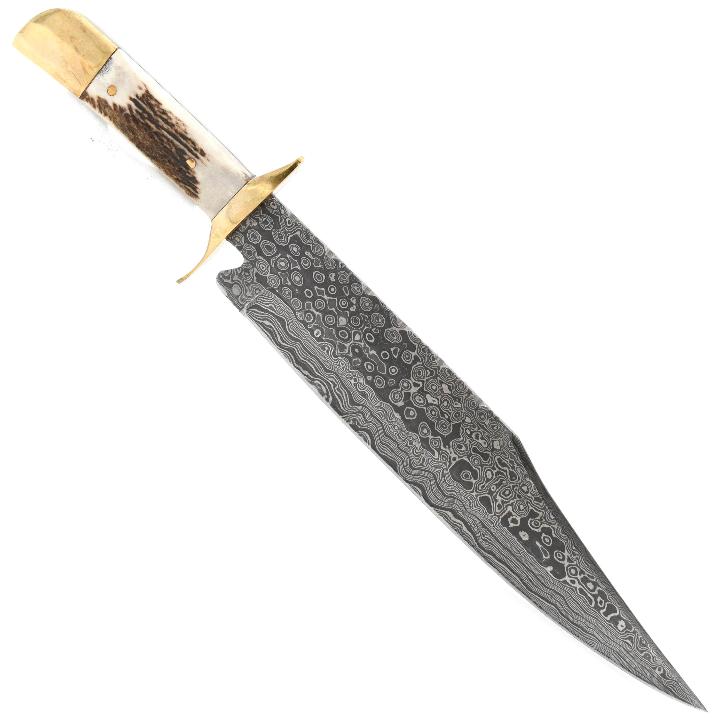 White Deer Damascus Bowie Hunting Knife, 11 Blade, Horn Handle, Leather Sheath - GDM-03 Cheapest Pice Sale Online