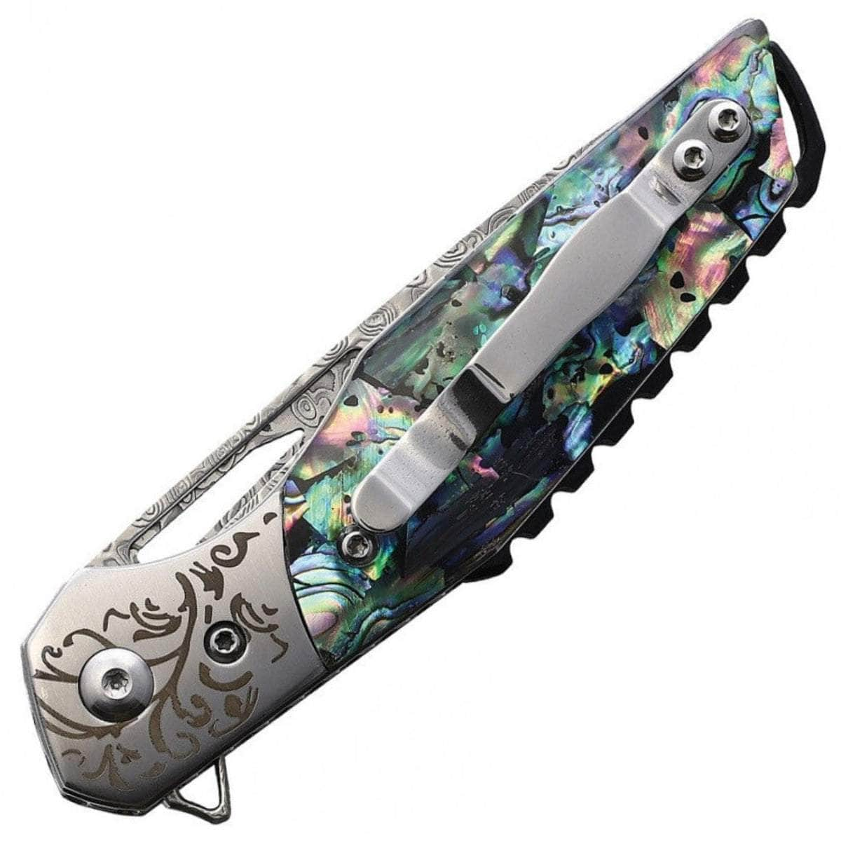 BnB Knives Abalone Flipper, 3 Damascus Blade, Abalone Handle, Sheath - BNB1991A Reliable