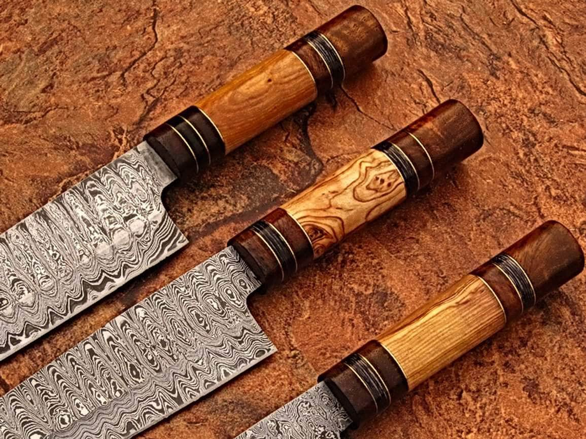 White Deer Damascus Chef Knife Set, 3 Knives with Olive Wood Handles - SDM-2262 Sale Purchase