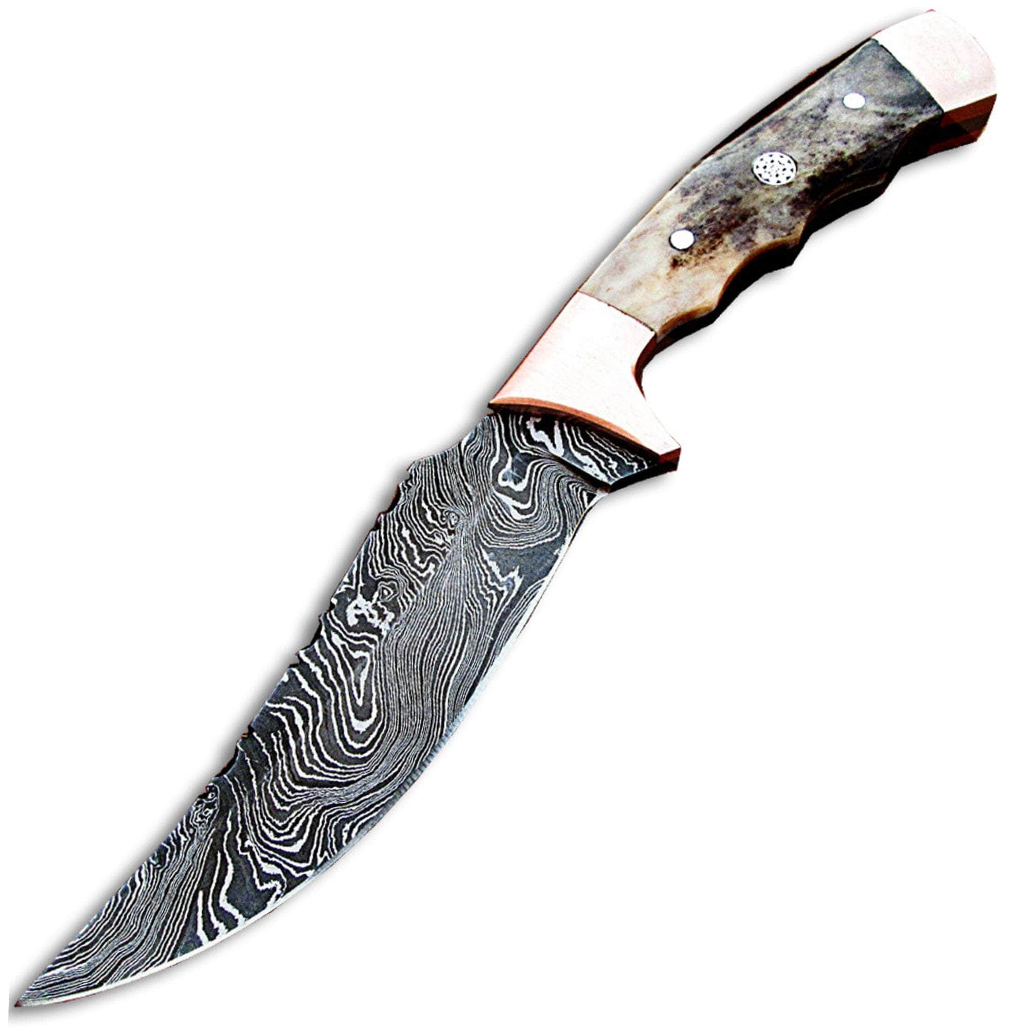 White Deer Damascus Steel Bowie, 5 Blade, Giraffe Bone/Copper Handle, Sheath Clearance Find Great