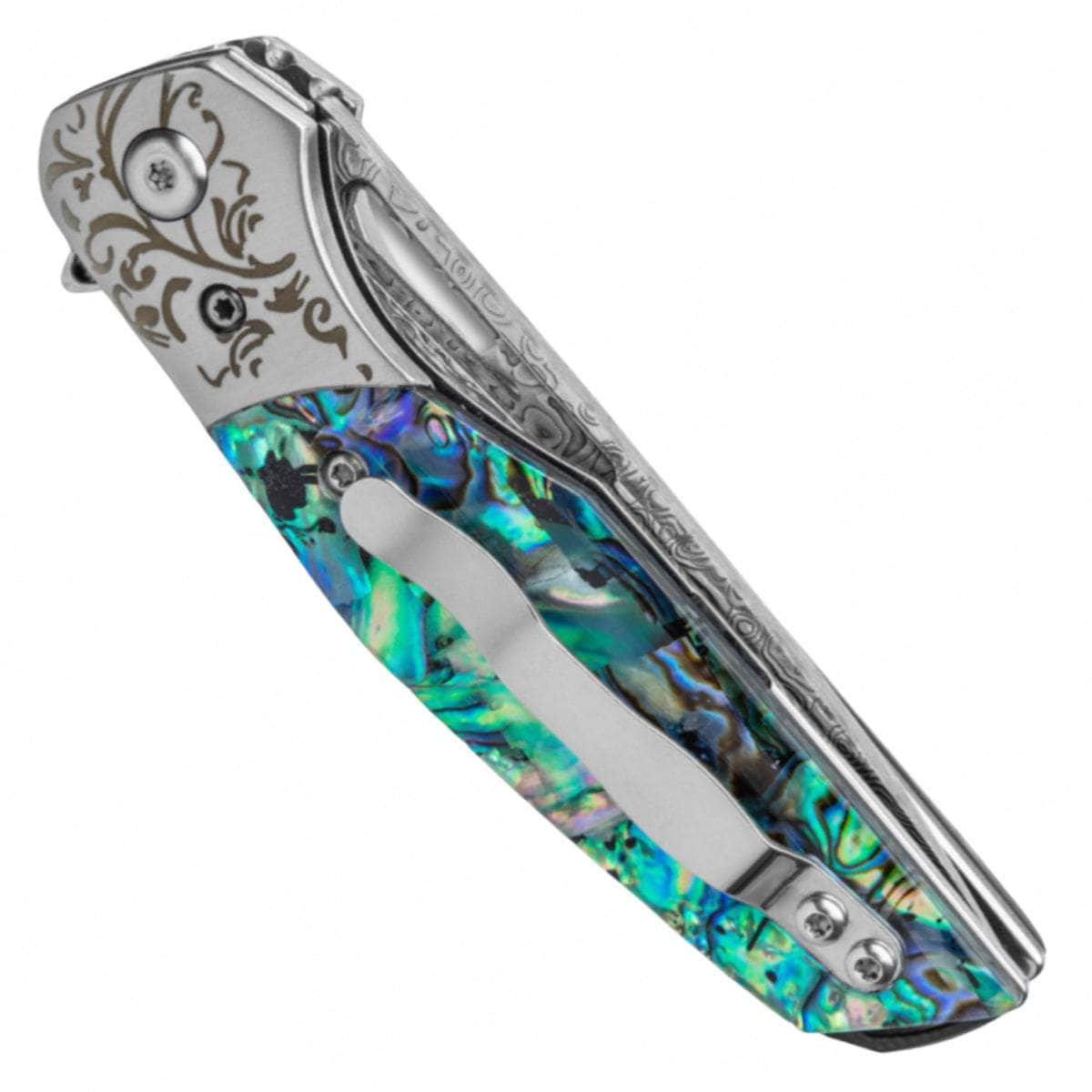 BnB Knives Abalone Flipper, 3 Damascus Blade, Abalone Handle, Sheath - BNB1991A Reliable