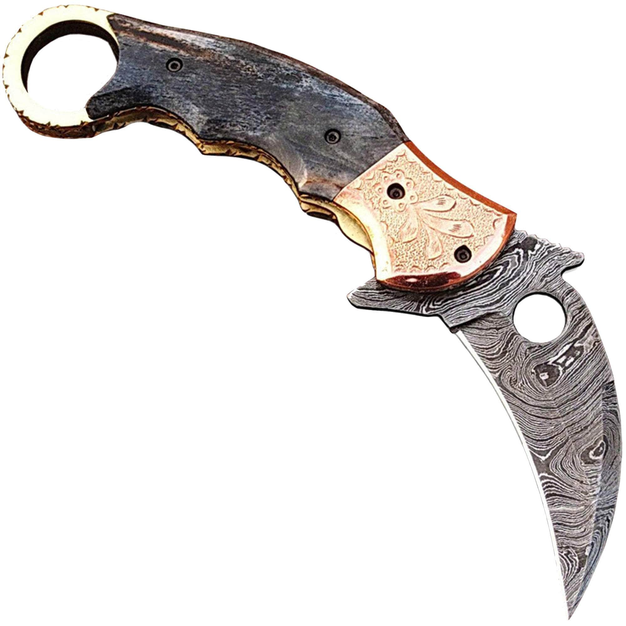 White Deer Ka-Rambo Damascus Folding Karambit, 3.5 Blade, Giraffe Bone Handle, Sheath Good Selling Cheap Pice