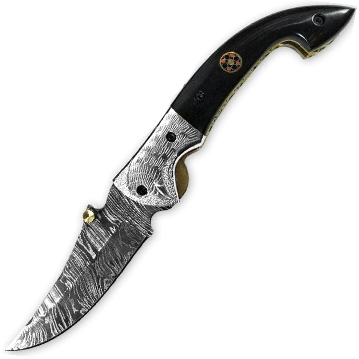 White Deer Bird of Prey Damascus Folding Knife, 3.1 Blade, Horn Handle, Sheath - FDM-2555 Cheap New Styles