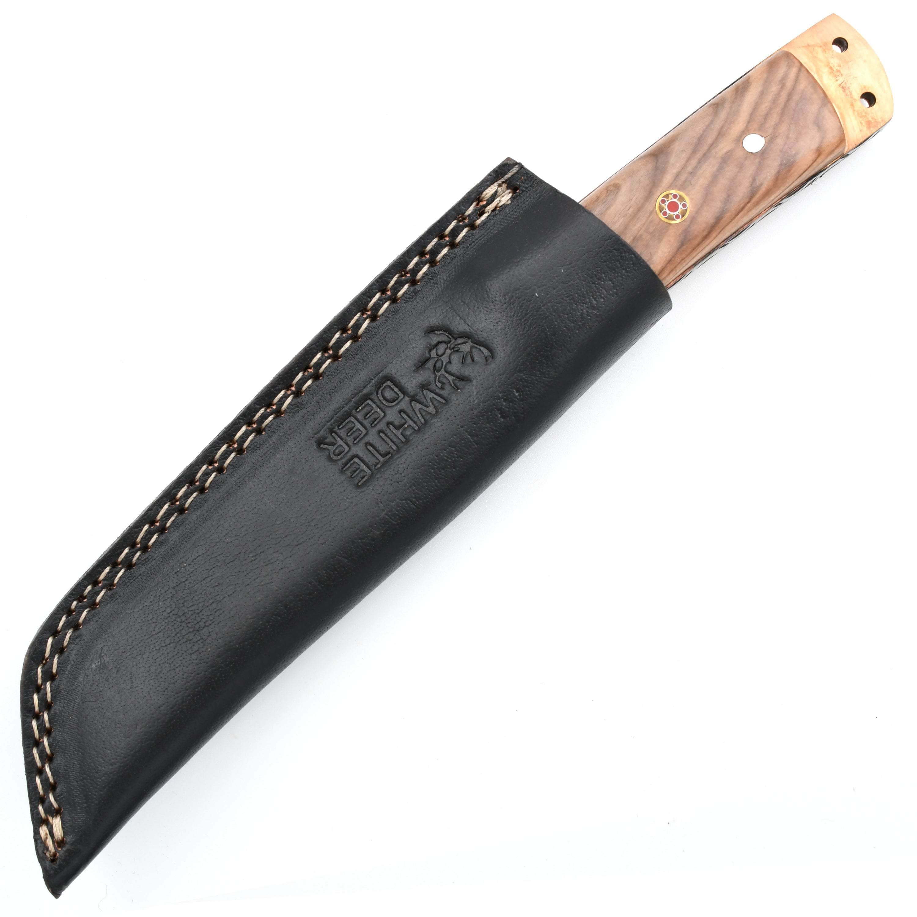 White Deer Damascus Hunting Knife, 5 Tanto Blade, Burl Olive Wood Handle, Sheath - DM-2197 Fast Delivery Online