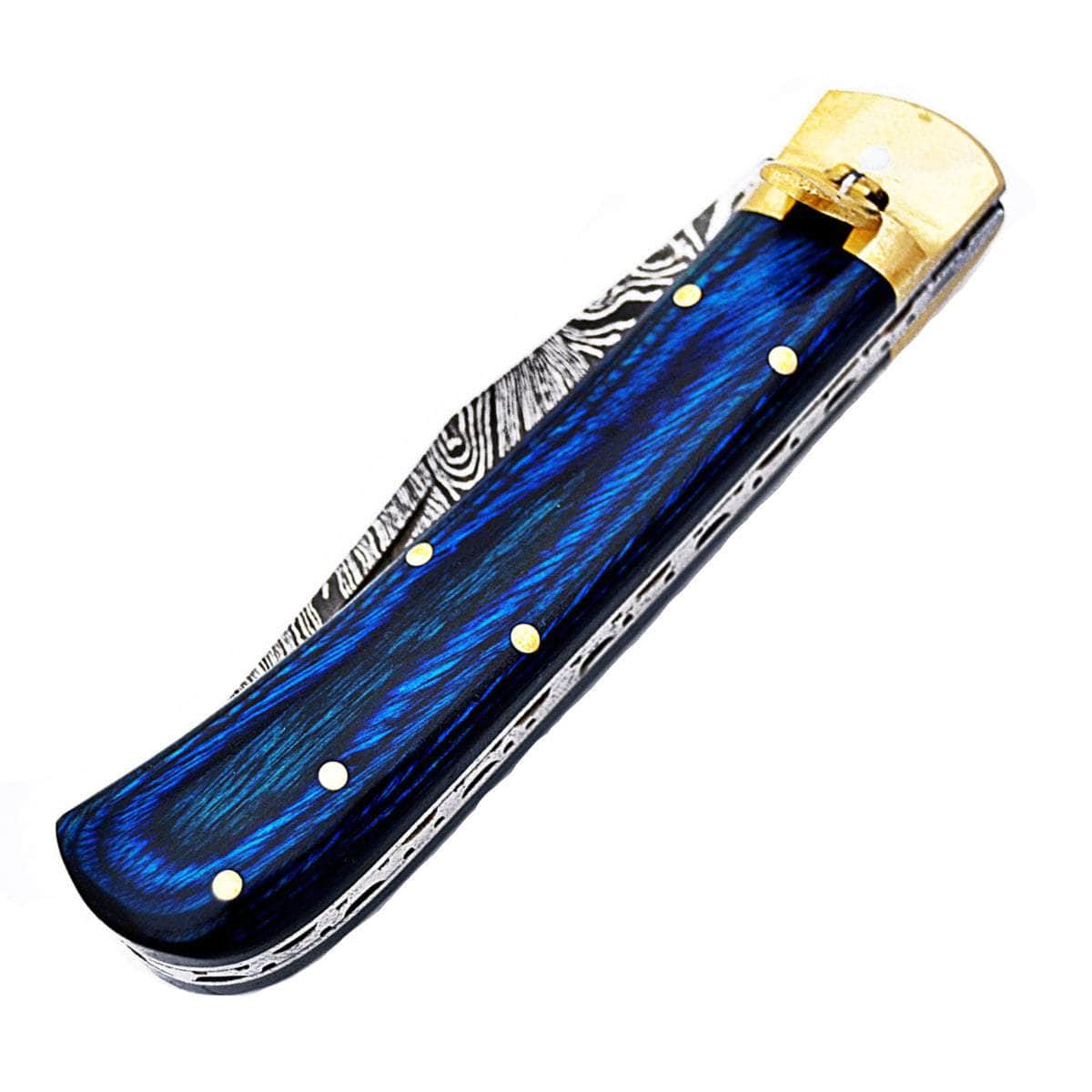 White Deer Damascus Blue Lever Lock Auto, 3.4 Blade, Wood Composite Handle Cheap Sale Big Sale