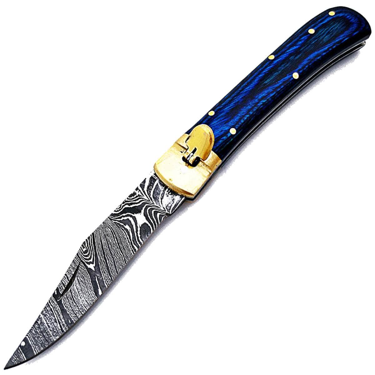 White Deer Damascus Blue Lever Lock Auto, 3.4 Blade, Wood Composite Handle Cheap Sale Big Sale