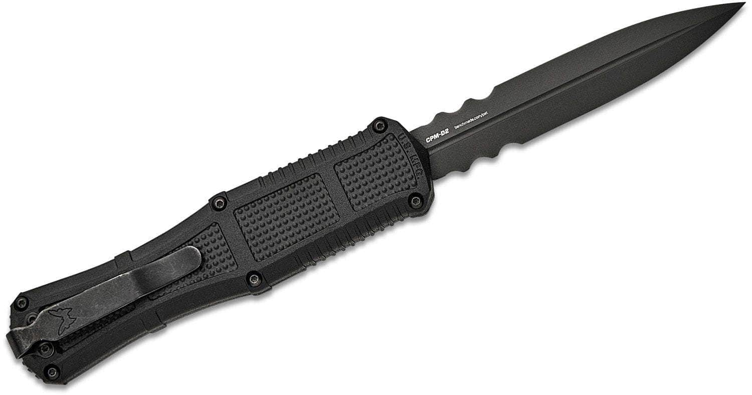 Benchmade 3370SGY Claymore OTF AUTO Knife 3.89 CPM-D2 Smoke Gray PVD Double Combo Edge Dagger Blade, Black Grivory Handle Free Shipping Looking For