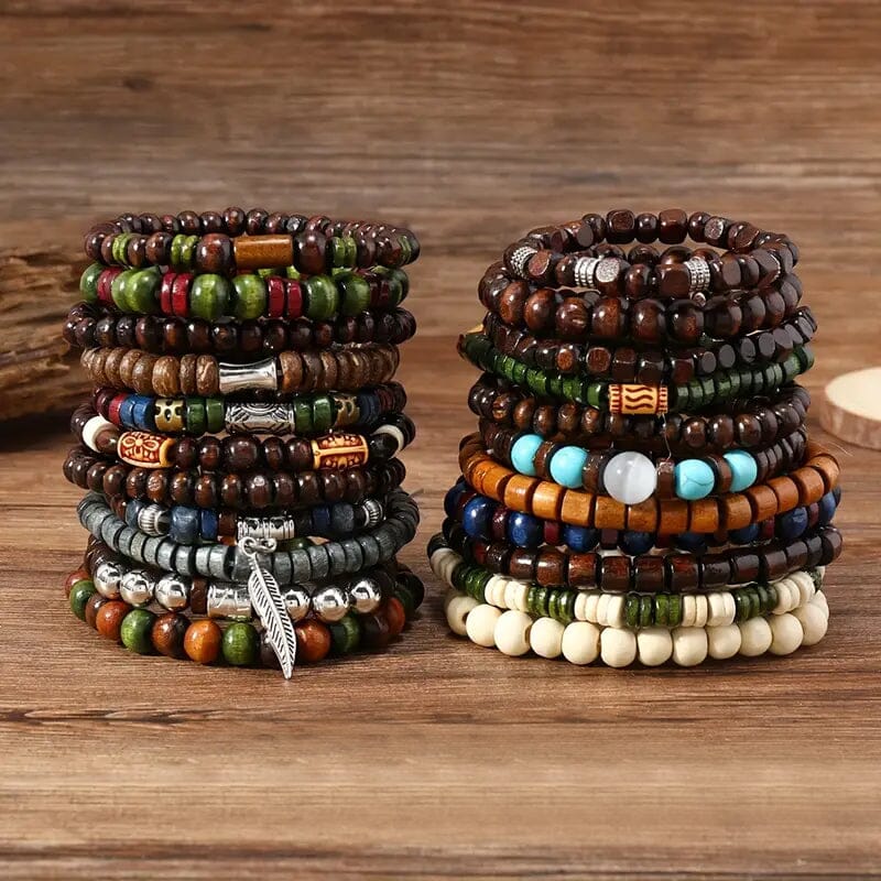 22-Pieces: Bohemian Vintage Wooden Beads Bracelet Set Under 70 Dollars