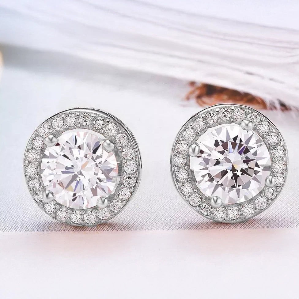 Sterling Silver Cubic Zirconia Classic Halo Stud Earrings Fashionable For Sale