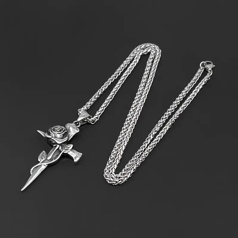 Vintage-Inspired Men's Titanium Steel Pendant Necklace - Unique Keel Chain Design with Cross and Rose Accents Cheap Pice Outlet