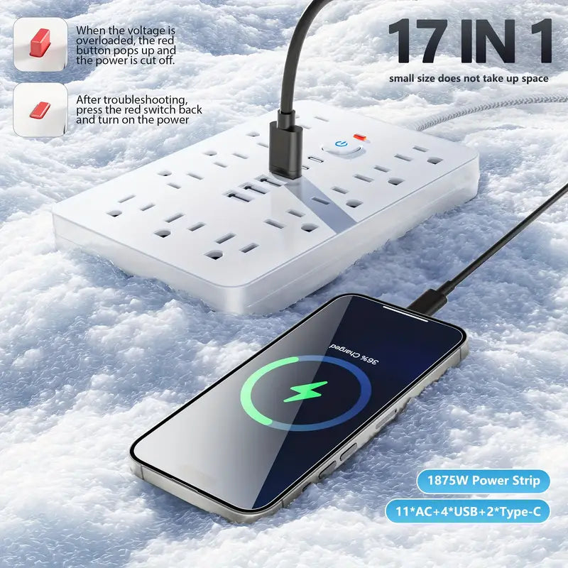 17-in-1 Surge Protector Power Cord 5Ft Braided Flat Extension Cable with 6 USB Chargers, 2 USB C, 11 AC Power Outlets Free Shipping View