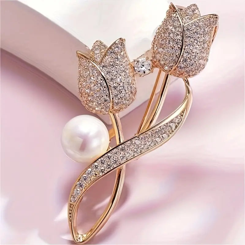 Exquisite Tulip-Shaped Faux Pearl Brooch Adorned with Artificial Diamond How Much Cheap Online