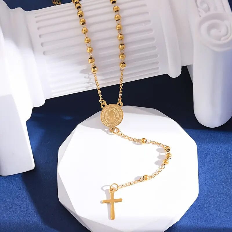 Stainless Steel St. Benedict Pattern Golden Rosary Cross Pendant Necklace Discount Cheap Online