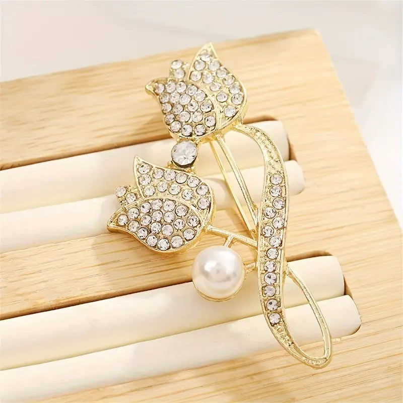 Exquisite Tulip-Shaped Faux Pearl Brooch Adorned with Artificial Diamond How Much Cheap Online