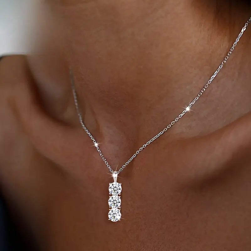 925 Sterling Silver Necklace Three Vertical Synthetic Zirconia Pendants Free Shipping Very Cheap