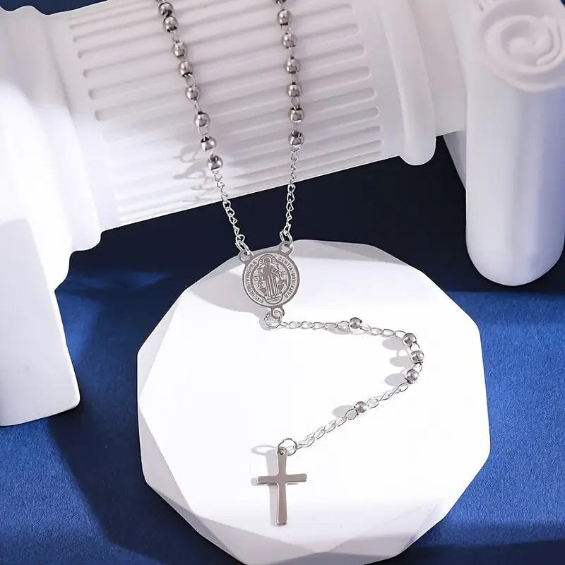 Stainless Steel St. Benedict Pattern Golden Rosary Cross Pendant Necklace Discount Cheap Online