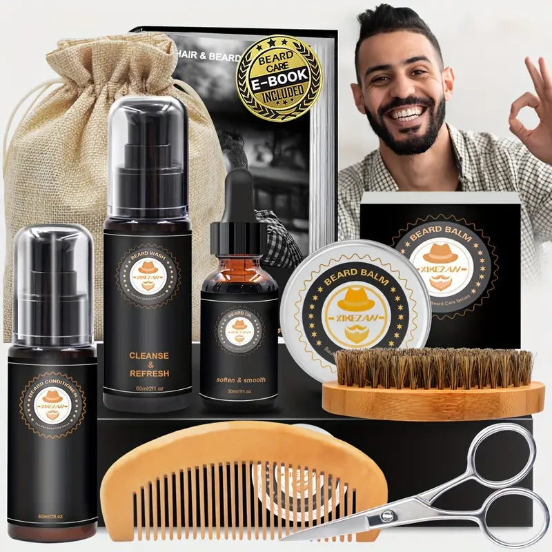 Grooming Kit w/Beard Conditioner, Oil, Balm, Brush, Wash, Comb, Scissor, Bag, E-Book For Sale Wholesale Pice