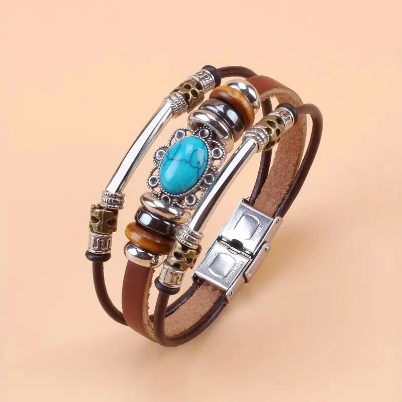 Vintage Style Green Turquoise Beaded PU Leather Stainless Steel Buckle Bracelet Cheap Sale Supply