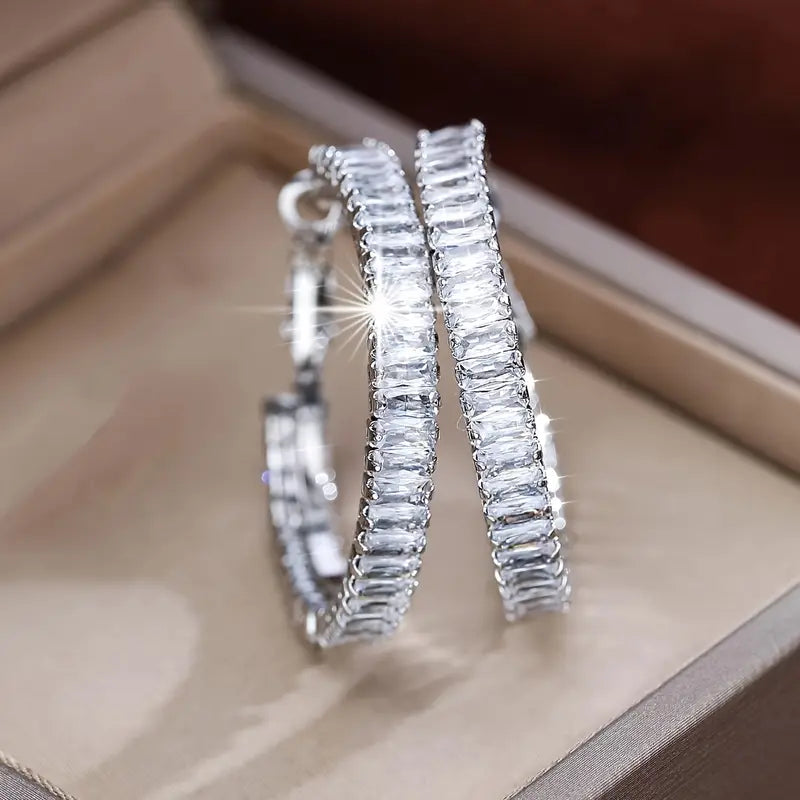 Full Rectangular Shiny Synthetic Zirconia Decorative Hoop Earrings Popular