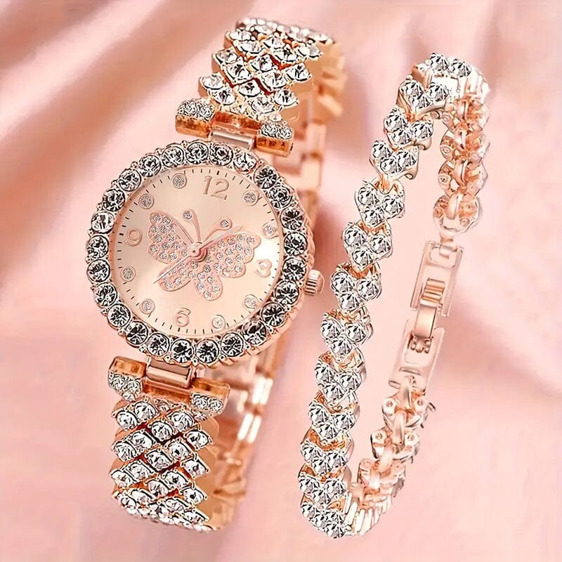 2-Piece Set: Butterfly Quartz Stainless Steel Band Wrist Watch and Bracelet Marketable For Sale