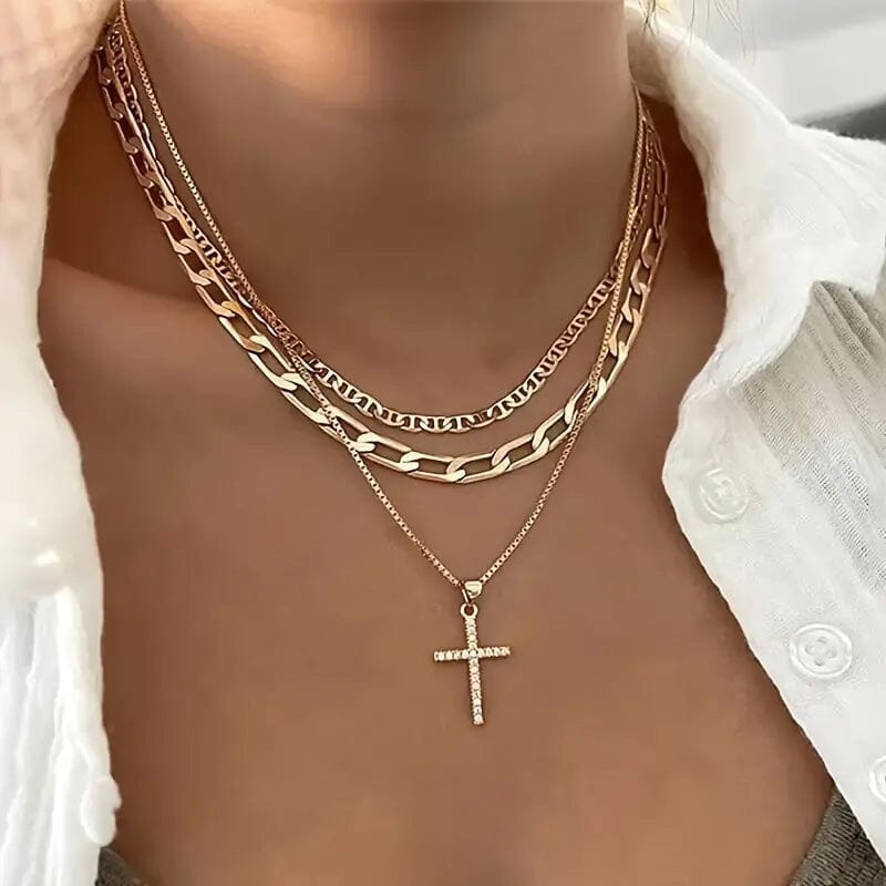 3-Piece: Women's Retro Luxury Artificial Crystal Cross Stackable Necklace Set Cheap Sale Comfortable