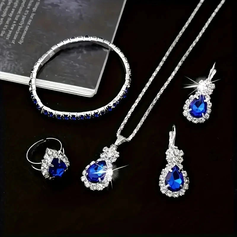 5-Piece Set: Stylish Jewelry Set for Women, Pair of Earrings, Necklace, Ring and Bracelet Adorned with Glass Accents Discount 2025 Unisex