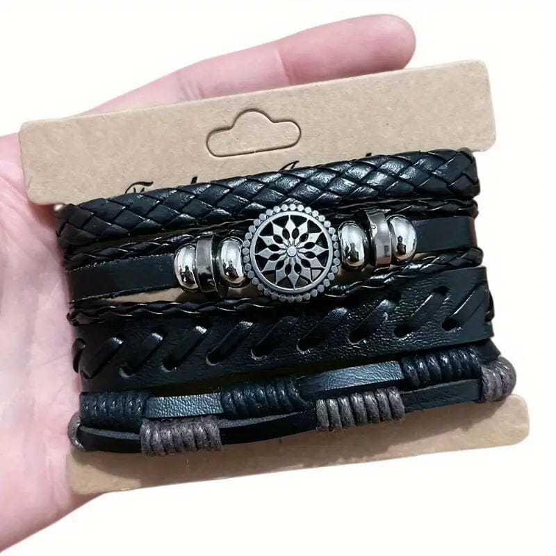 4-Piece Set: Exquisite Vintage-Style PU Leather Woven Handmade Charm Bracelets for Men Free Shipping Big Discount