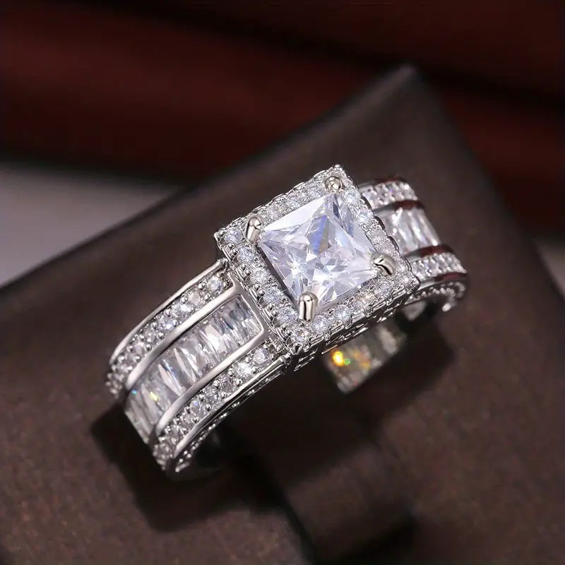 Shiny Halo Ring Inlaid Square Cut Shiny Zirconia Ring Best Store To Get Cheap Online