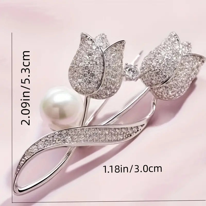 Exquisite Tulip-Shaped Faux Pearl Brooch Adorned with Artificial Diamond How Much Cheap Online