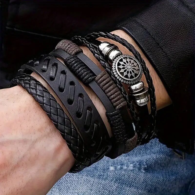 4-Piece Set: Exquisite Vintage-Style PU Leather Woven Handmade Charm Bracelets for Men Free Shipping Big Discount