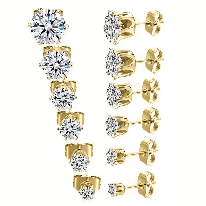 18K Gold Plated Ear Bone Buckle Stainless Steel 6-Prong Zirconia Stud Earrings Sale Outlet Locations