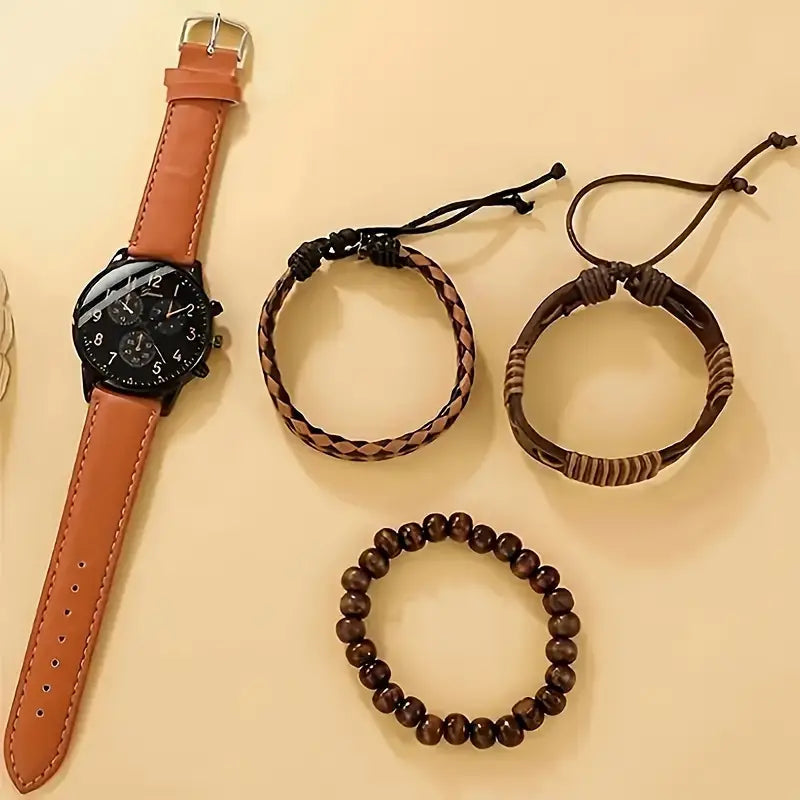 4-Pieces: Men's Fashion Brown Faux Leather Quartz Watch & Bracelet Set Free Shipping Get Authentic