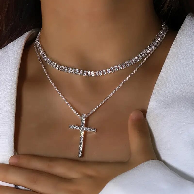 Women's Double Layer Artificial Crystal Cross Pendant Necklace Discount Recommend