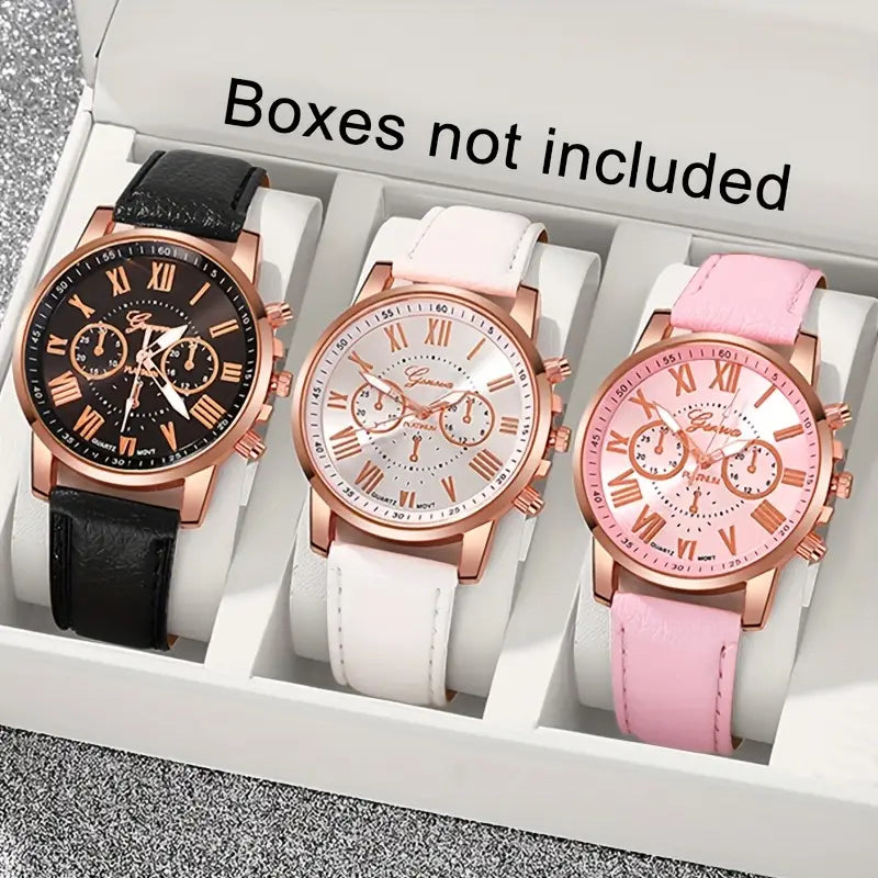 3-Pieces: Roman Quartz Women's Watches - Fashionable Round Dial with Faux Leather Strap Store Online