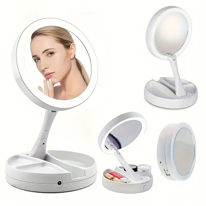 Foldable LED Vanity Mirror With Storage Box, Double-sided 1X & 10X Magnifying Retractable Mirror Official Site