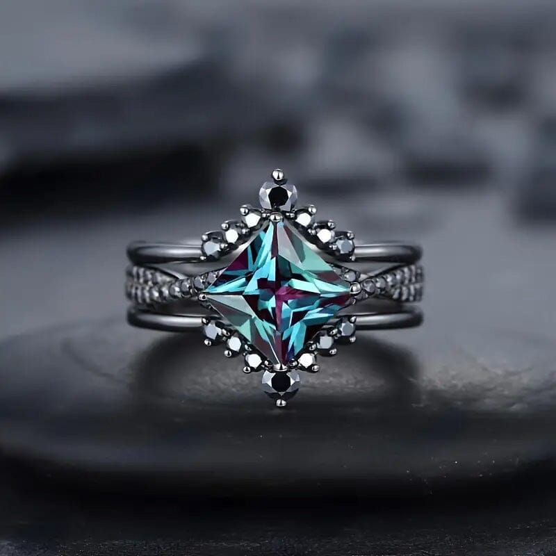 3-Piece Set: Black Square Faux Blue Zirconia Retro Luxury Ring Recommend Cheap Pice