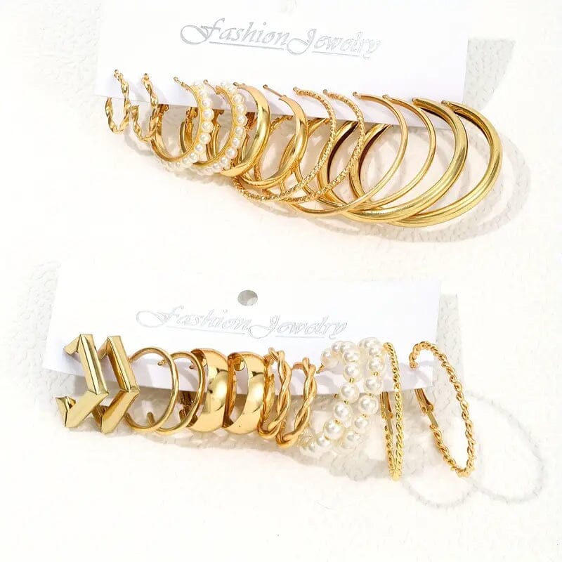 12-Pairs: Gold Hoop Earrings with Faux Pearl Decor Set Outlet 2025 New